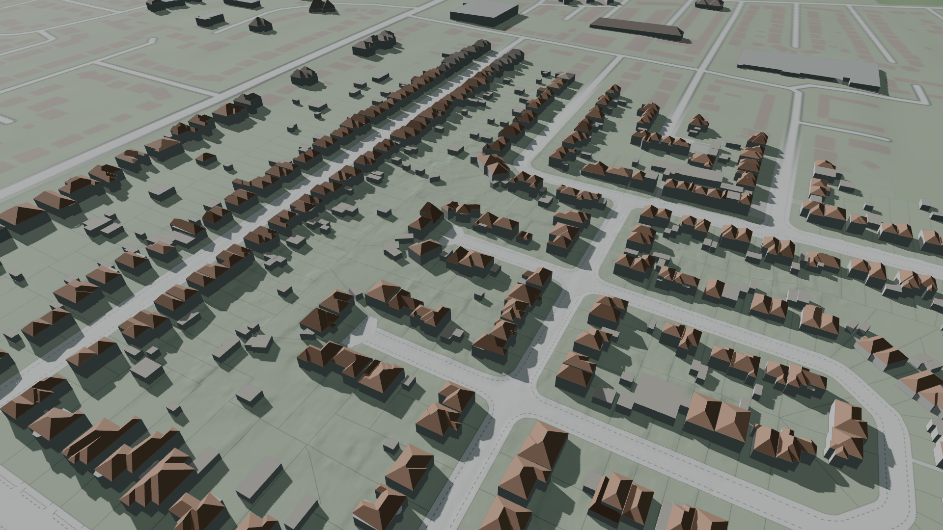 A SunStory 3D scene showing buildings, terrain, and shadows around a UK home