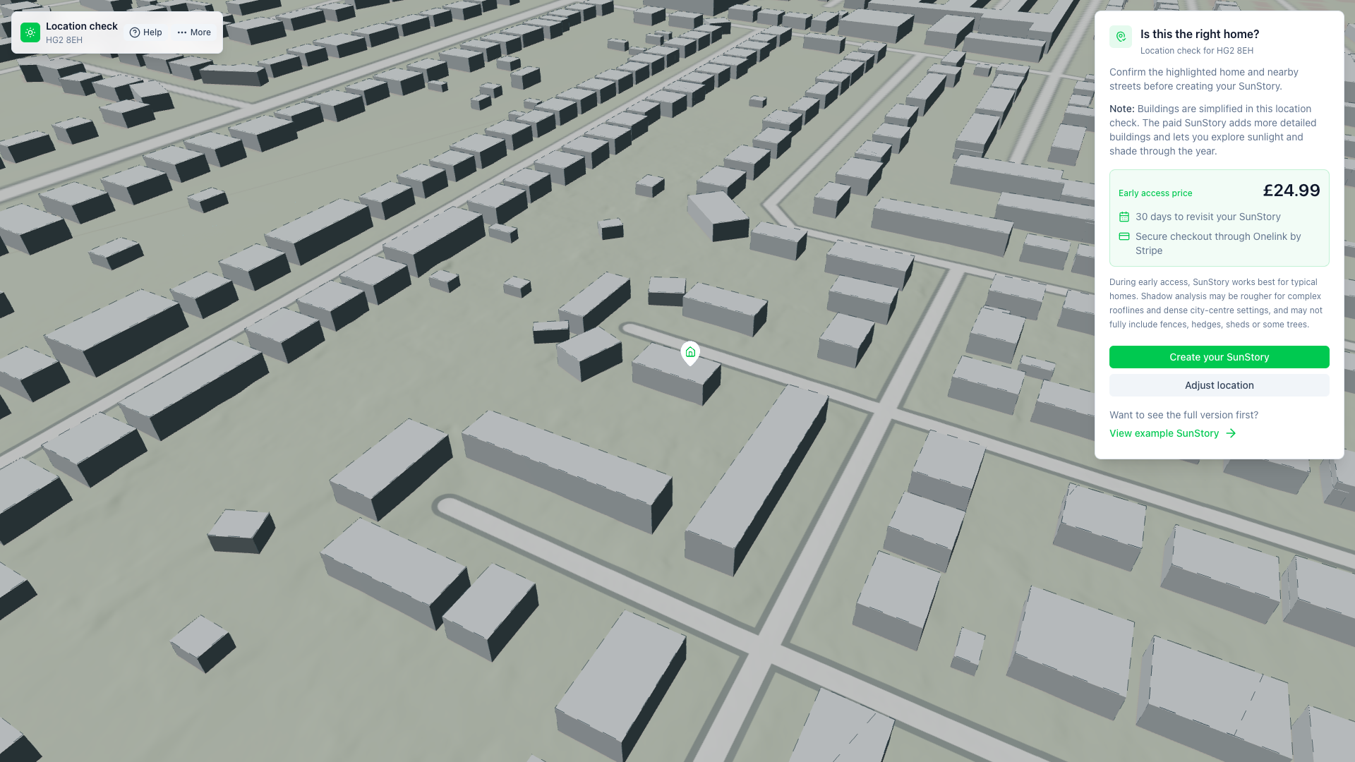 A simple 3D location check showing the selected home and nearby streets