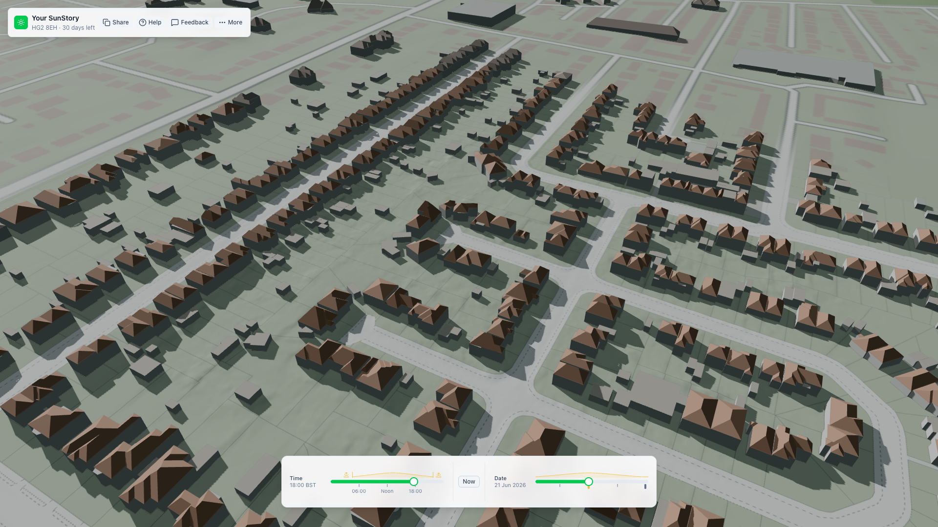 An example SunStory scene with sunlight controls and 3D shadows around a home